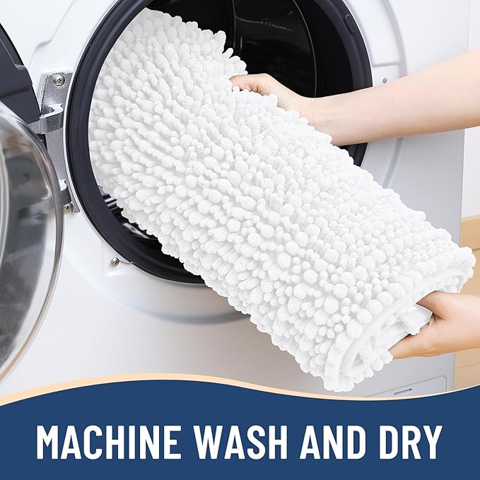 Arotive Luxury Chenille Bathroom Rug Mat, Extra Soft Thick Absorbent Shaggy Bath Rugs, Non-Slip Machine Wash Dry, Plush Bath Mats for Bathroom, Shower and Tub, 70x24, White