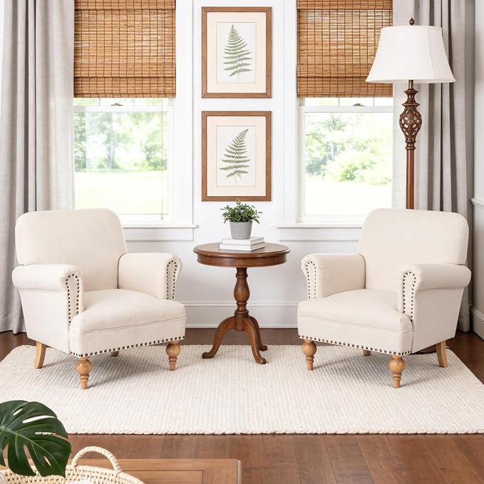 Beige Linen Fabric Accent Chair, Modern Farmhouse Upholstered Armchair - Image 7