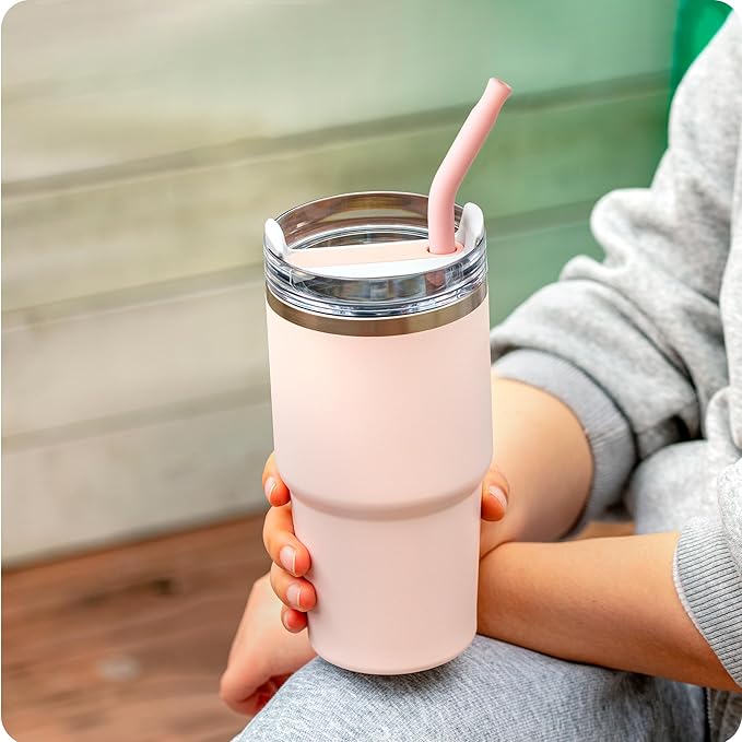 Snowfall 2 Pcs Replacement Metal Straws for Stanley 14 OZ, 20 OZ Tumbler, Stainless Steel Straws with Silicone Tip for 20 OZ Tumbler, Straw Brush (Cream Gray)