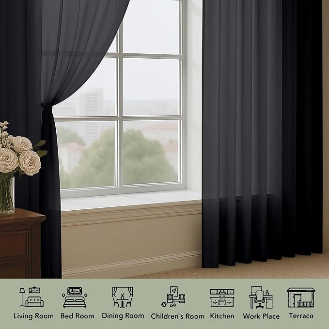 Black Sheer Curtains, Sheer Curtains 96 inches Long 2 Panels Set, Rod Pocket - Image 2