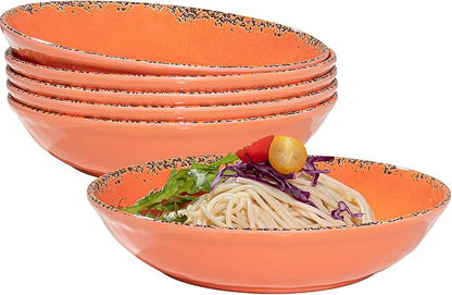 Farmhouse Melamine Pasta Bowls set, 42 OZ Large Fruit Bowl, Lightweight and Unbreakable Salad Serving Bowl, Set of 6, 9.25 inch Wide and Shallow Dinner Bowls, Dishwasher Safe,Orange…