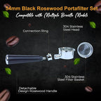 54mm Bottomless Portafilter 3 Ears Black Rosewood Handle Set– Fits Breville Barista Express, Bambino, Impress, Duo Temp Pro and Infuser – Includes 18g Filter Basket & 1.7mm Puck Screen