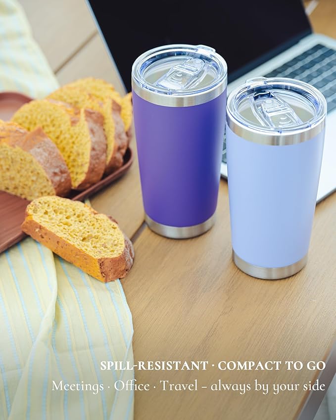 Travel Coffee Tumbler 20oz, 8 Pack Leakproof Travel Coffee Mug with Lid and Straw, Stainless Steel Double Wall Vacuum Insulated Tumbler for Hot/Iced Drinks (Textured Matte, Purple)