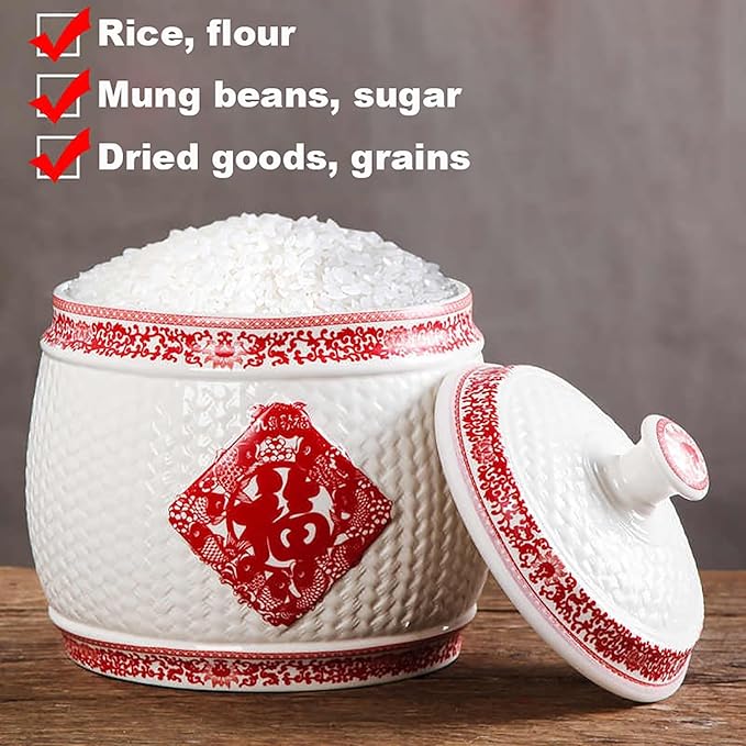 Chinese Sealed Large-Capacity Rice Pot, Ceramic Rice Bucket With Tassel Design, Grain Storage Ceramic Container, Rice Dispenser Airtight Storage Bucket For Grains Snacks Candy Coffee Beans Food(B,Capa