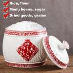 Chinese Sealed Large-Capacity Rice Pot, Ceramic Rice Bucket With Tassel Design, Grain Storage Ceramic Container, Rice Dispenser Airtight Storage Bucket For Grains Snacks Candy Coffee Beans Food(B,Capa