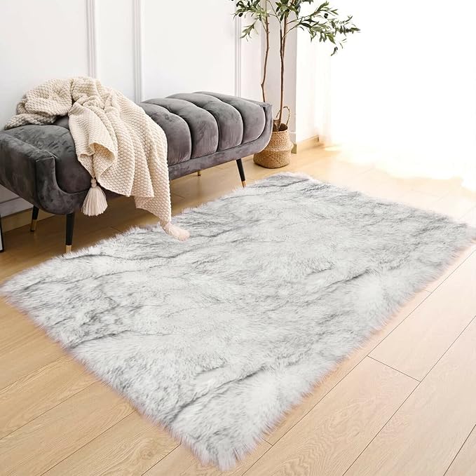 Latepis 3x4 Area Rug White and Grey Tips Faux Sheepskin Fur Rug Washable Fluffy - Image 7