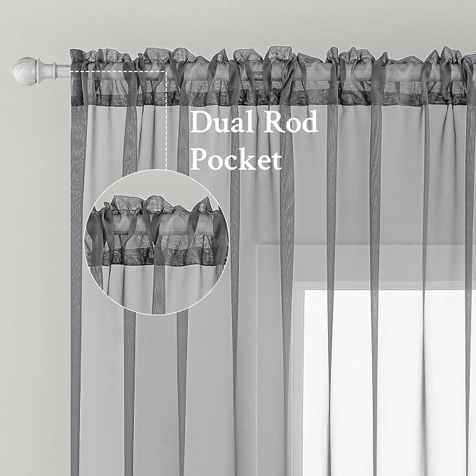 MIULEE Charcoal Grey Sheer Curtains 54 X 45 Inches, 2 Panels | Solid Color - Image 2