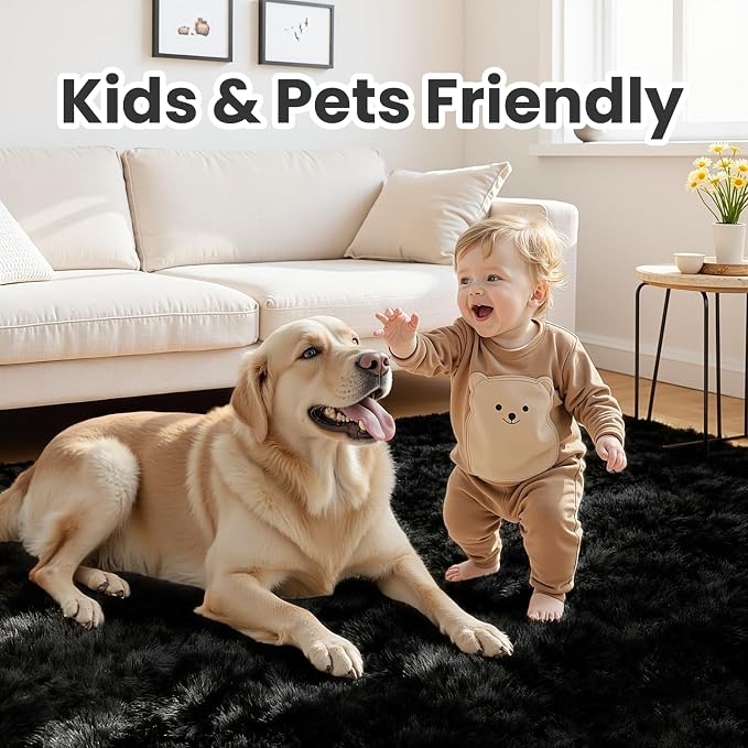 8x10 Fluffy Shag Area Rugs for Living Room Bedroom: Soft Plush Carpet Black | - Image 4