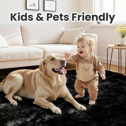 8x10 Fluffy Shag Area Rugs for Living Room Bedroom: Soft Plush Carpet Black | - Image 4