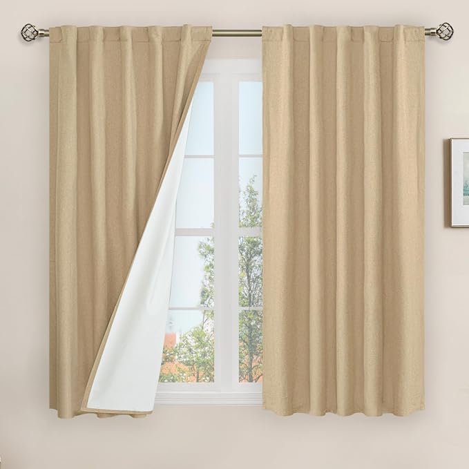 Natural 100% Blackout Linen Curtains 45 Inches 2 Panels, Burlap | Linen Textured by LAMIT
