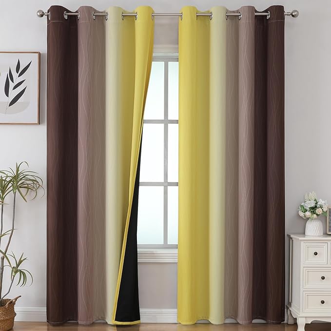 Brown and Yellow Blackout Curtains 52Wx84L Inch 2 Panels | Thermal Insulated by ESTELARTEXTILER