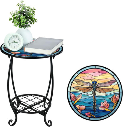 Cinnvoice Outdoor Side Table Round Small Mosaic Patio Accent Indoor End Plant - Image 7