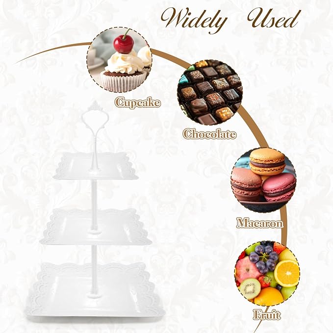 3 Tier Cupcake Stand, Durable Plastic 3 Tier Serving Tray for Cupcake, Fruit, Chocolate, Cookies, Square White Embossed Tiered Tray Stand for Wedding, Baby Shower, Party