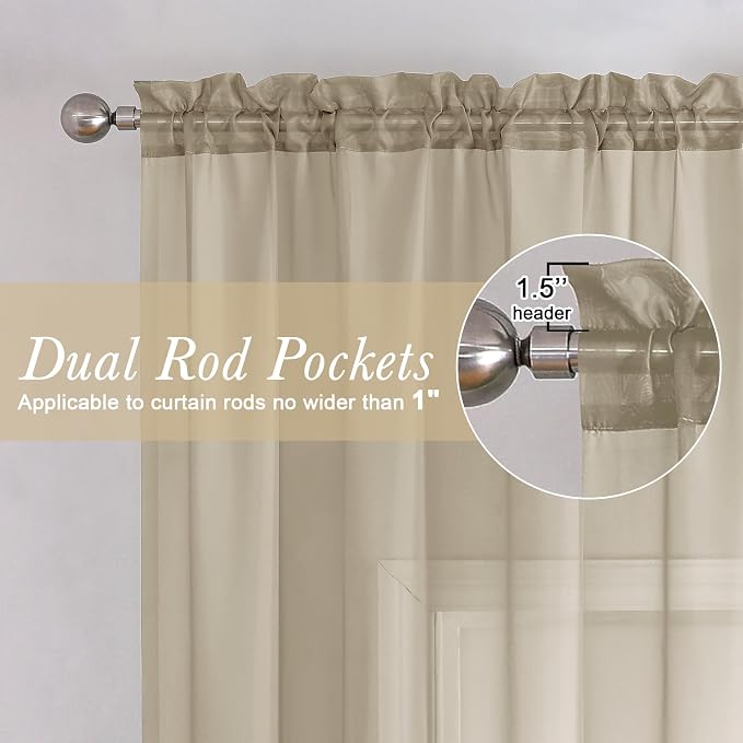 Taupe Sheer Curtains 63 Inch Length 2 Panels, Airy & Breathable Solid Voile Tan - Image 2