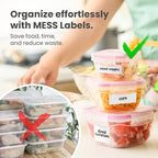 MESS Removable Food Labels for Containers (96-Pack) 1x3" & 1.5" Erasable Kitchen Labels for Organizing, Freezer & Fridge, White Dry Erase Labels for Jars