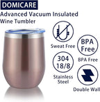 DOMICARE Stainless Steel Wine Tumbler Bulk with Lid, Personalized Rose Gold Insulated Tumblers Set, 12oz Travel Coffee Cups Pack of 4
