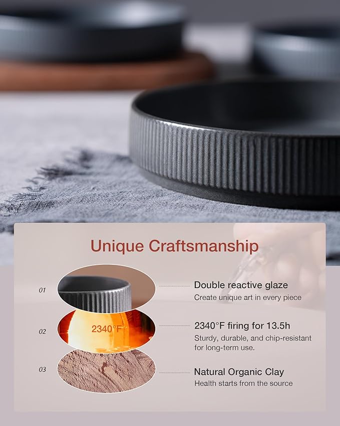 famiware Star 8.25" Pasta Bowls, Large Dinner Bowls Set of 6, Salad Bowl Plates, Shallow Bowls for Eating, Matte Dark Charcoal (Full Glaze)