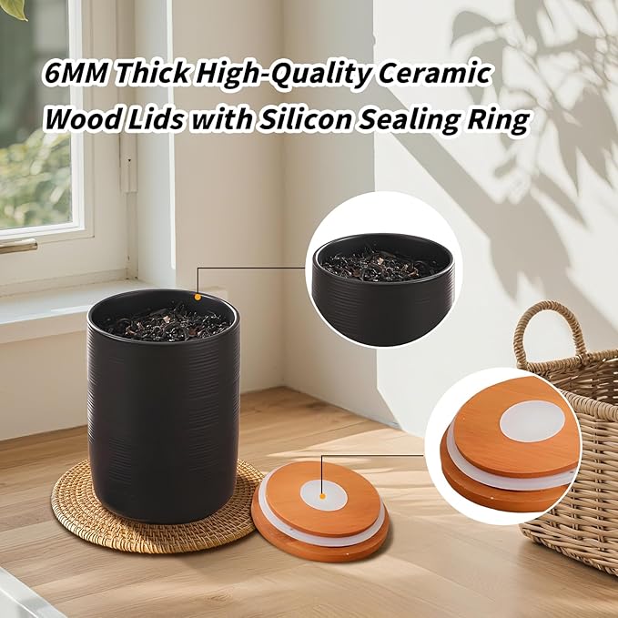Food Storage Jar Strong Ceramic Storage Canisters with Airtight Wooden Lid,Kitchen Storage Containers for Serving Coffee Beans, Tea, Sugar, Salt, Spices (Big black)