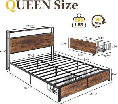 Lifezone Queen Bed Frame with 2-Tier Storage Headboard, Metal Bed Frame with - Image 2
