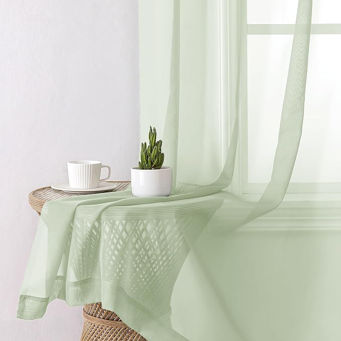 Light Green Sheer Curtains 54 Inch Length 2 Panels, Voile Bedroom Curtains - Image 7