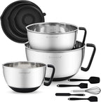 Rorence Stainless Steel Mixing Bowls: Metal Mixing Bowl Set with Lids and Handles Non-slip Silicone Bottom Nesting Bowls for Kitchen Set of 3 - Black
