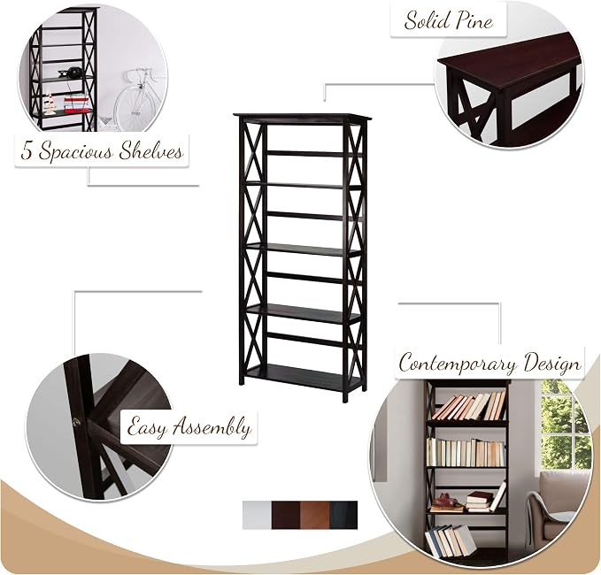 Montego 5-Shelf Bookcase-Espresso - Image 4