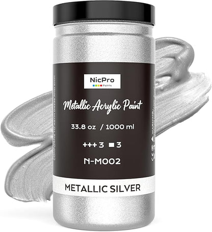 Nicpro Metallic Silver Acrylic Paint, 33.8oz/1000ml Large Silver Leaf Paint by Nicpro