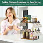 EsLuker.ly 2 Tier Coffee Mug Holder Station Bar Organize Countertop, Mug Cup Tree Rack for Kitchen Office, Storage Shelf with 12 Hooks, Creat Stylish Coffee Corner, Vintage Brown-Black