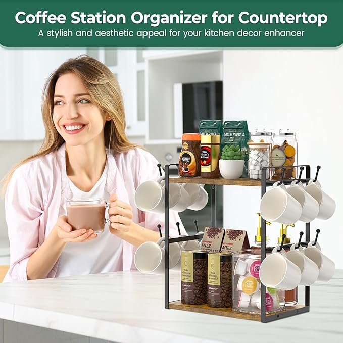EsLuker.ly 2 Tier Coffee Mug Holder Station Bar Organize Countertop, Mug Cup Tree Rack for Kitchen Office, Storage Shelf with 12 Hooks, Creat Stylish Coffee Corner, Vintage Brown-Black