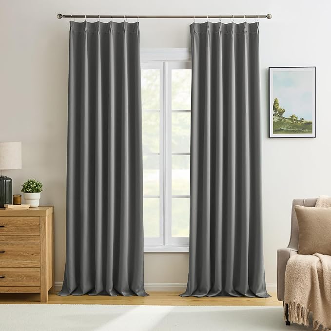 Grey Pinch Pleat Curtains & Drapes 120 Inches Long 2 Panels Set, Soundproof by KEQIAOSUOCAI