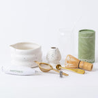 Premium 9 Piece Matcha Set Includes Ceramic Matcha Bowl, Bamboo Whisk & Holder, Stainless Steel Spoon & Sifter, Glass Cup & Straw, Electric Frother, Storage Bag - Gift for Matcha Lovers (White)