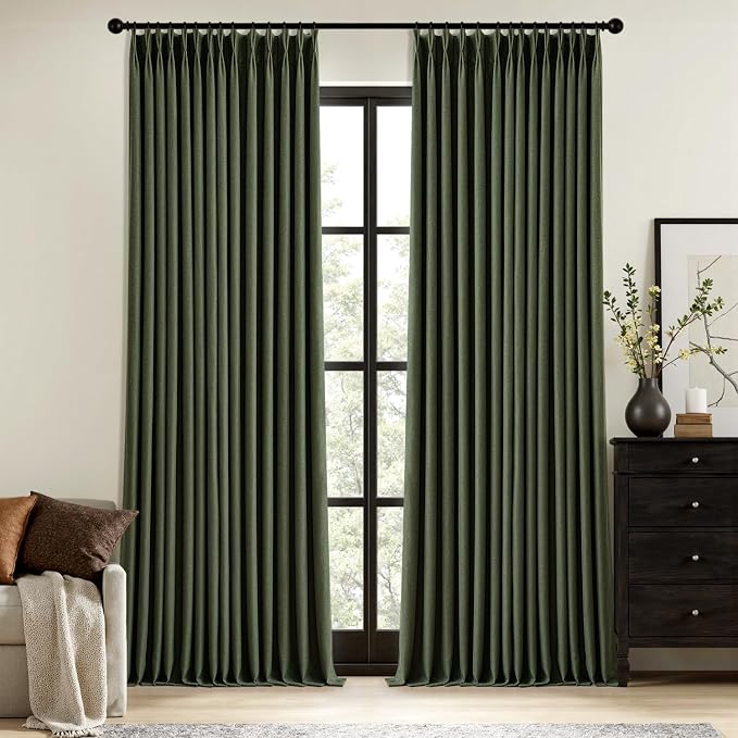 MIULEE Olive Green Pinch Pleated 100% Blackout Linen Curtains 40x108 Inches | by MIULEE