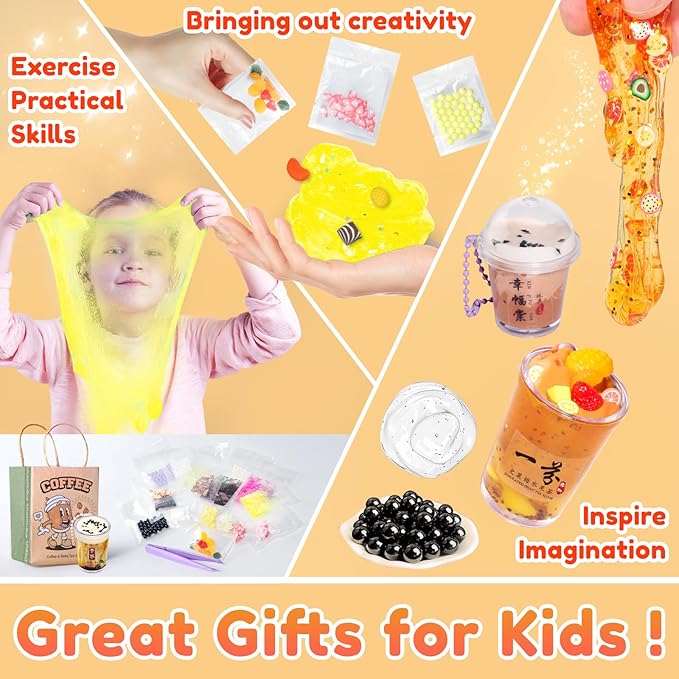 Miniature Cafe & Boba Tea Slime Making Kit for Girls Ages 8-12, 53PCS Mini Coffee & Bubble Tea Dessert Cup, DIY Pretend Play Food Set, Kitchen Toys, Birthday Party Gift for Kids 6 7 9 10 11
