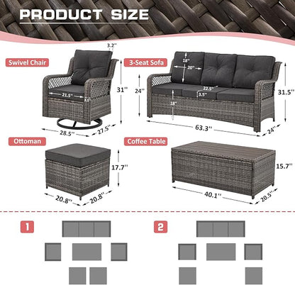 6 Pieces Wicker Patio Furniture Set Conversations Sets, 2 Outdoor 360° Swivel - Image 7