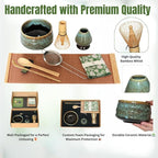 Annie & Mia Design Matcha Whisk Set (9pcs), Japanese Tea Matcha Set includes Ceramic Matcha Bowl, Bamboo Matcha Whisk(chasen), Ceramic Matcha Whisk holder, Bamboo Matcha Scoop (chashaku). Blue color
