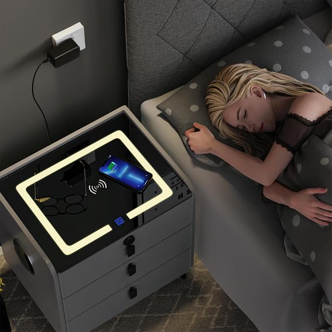 Smart Nightstand with Wireless Charging, with Fingerprint Lock Drawer, Night - Image 6