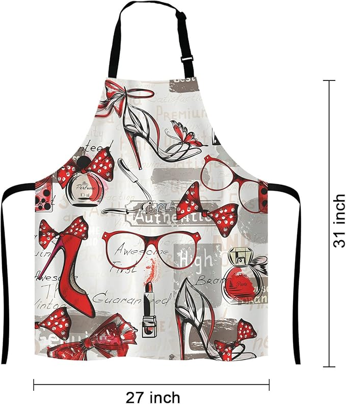 Fashion Girl Apron, Watercolor Red Lipstick Perfumes High Heels in Vintage Background for Woman Unisex Kitchen Bib with Adjustable Neck for Cooking Gardening,Adult Size