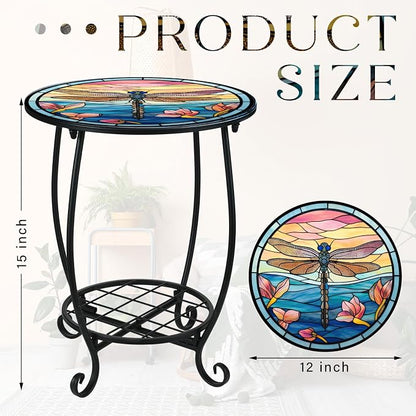 Cinnvoice Outdoor Side Table Round Small Mosaic Patio Accent Indoor End Plant - Image 3