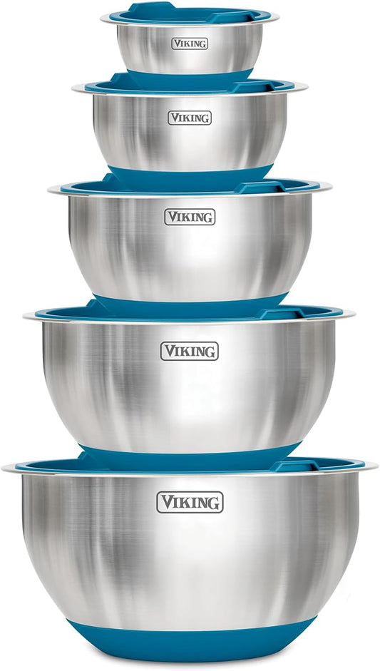 VIKING Mixing Bowls Set, 10 Piece Stainless Steel Kitchen Cookware, Non-Slip Silicone Base, Includes Tight Fit Lids, Dishwasher Safe, Blue