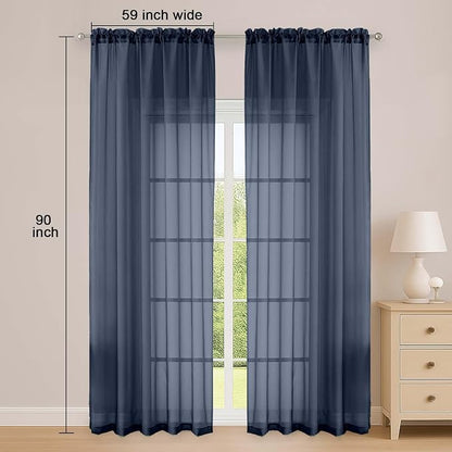 Navy Blue Sheer Curtain 90 Inches Long 2 Panels Set, Solid Filmy Drapes - Image 2