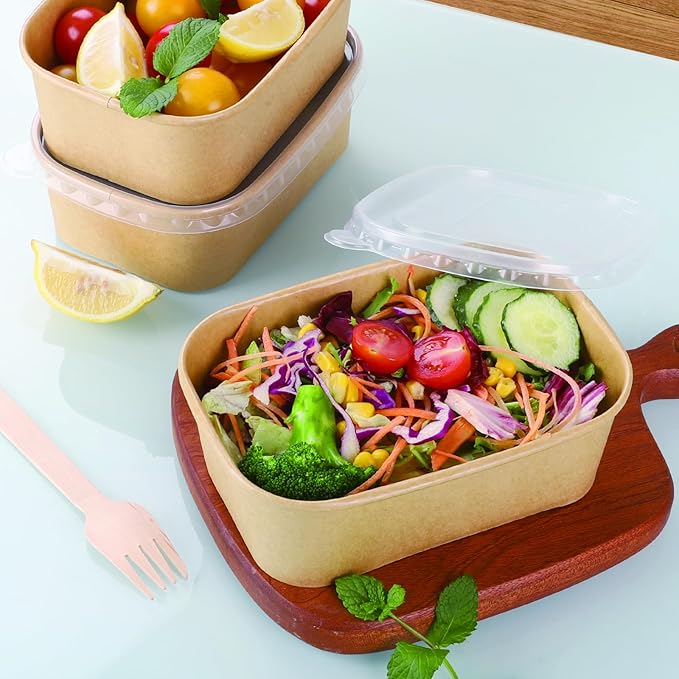 50 Sets 25oz Disposable Kraft Paper Bowls with Lids, Rectangle Paper Food Containers with Lids, Salad Bowls for Hot/Cold Food, Soup, Meal Prep, Ice Cream, Takeout, Party Supplies(750ml)
