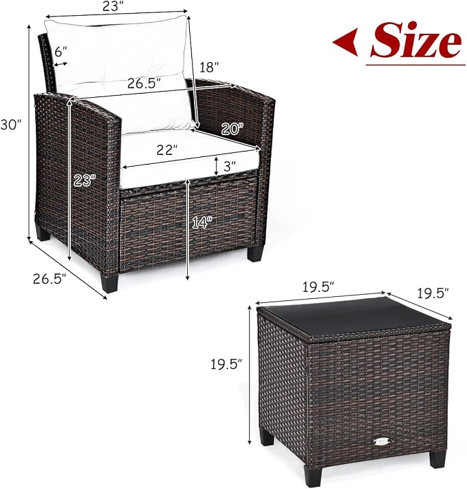 COSTWAY 3PCS Patio Furniture Set, PE Rattan Wicker Sofa w/Washable Cushion and - Image 2