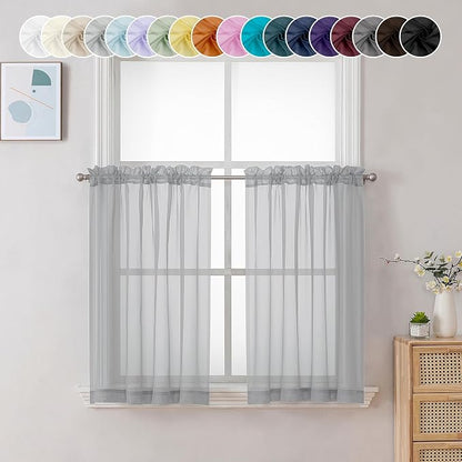 Chyhomenyc Sheer Light Grey Tier Curtains 24 Inch Length, Small Window Curtains by Chyhomenyc