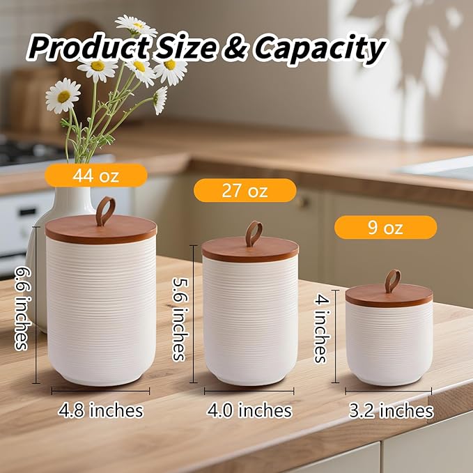 Food Storage Jar Strong Ceramic Storage Canisters with Airtight Wooden Lid,Kitchen Storage Containers for Serving Coffee Beans, Tea, Sugar, Salt, Spices (Little white)