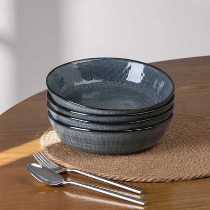 famiware Moonlight 8.5 Inch Pasta Bowls Set of 4, 32oz Serving Bowls for Kitchen, Soup Bowl with Linen Finish, Large Stoneware Bowls for Festivals, Housewarming, Dinnerware, Dark Blue