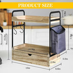 Coffee Station Organizer for Counter, Condiment Storage Caddy for Kitchen with Hooks and Bag,2 Tier Wooden Shelf for Coffee Bar Accessories,Coffee Bar Organizer for Kitchen, Home, Office-Brown