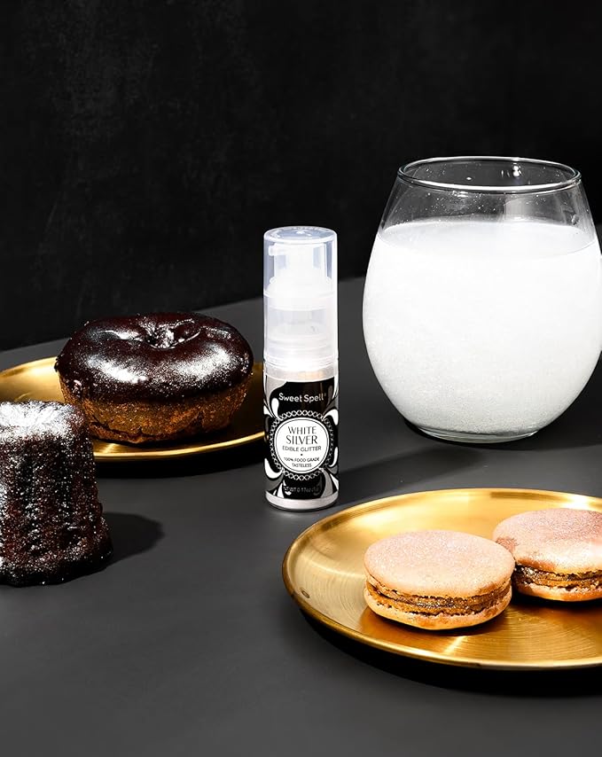 Sweet Spell Edible Cake Glitter Spray – Shimmering Magic for Cakes Decorating & Cocktails – 100% Edible, Food-Grade, Vegan, Gluten-Free (White Silver)