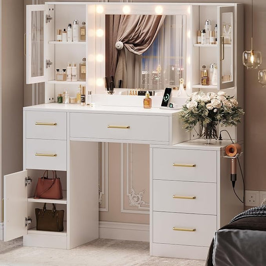 TOKSOM 51" Vanity Desk with Mirror and Lights & Charging Station, Bedroom by TOKSOM