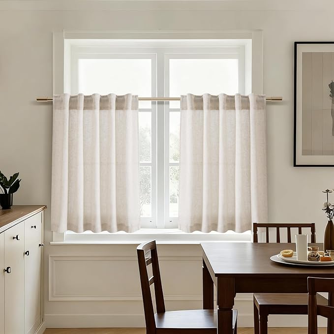 Beige Linen Curtains for Kitchen Windows Over Sink Farmhouse Short Semi Sheer - Image 7