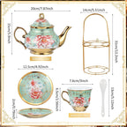 Zhehao 20 Pcs Porcelain Tea Set with Metal Holder and Spoon Adult Ceramic Tea Party Set European Flower Painting Teapot Cup Saucer Spoon Set for Women, Large Version(Fresh Style)